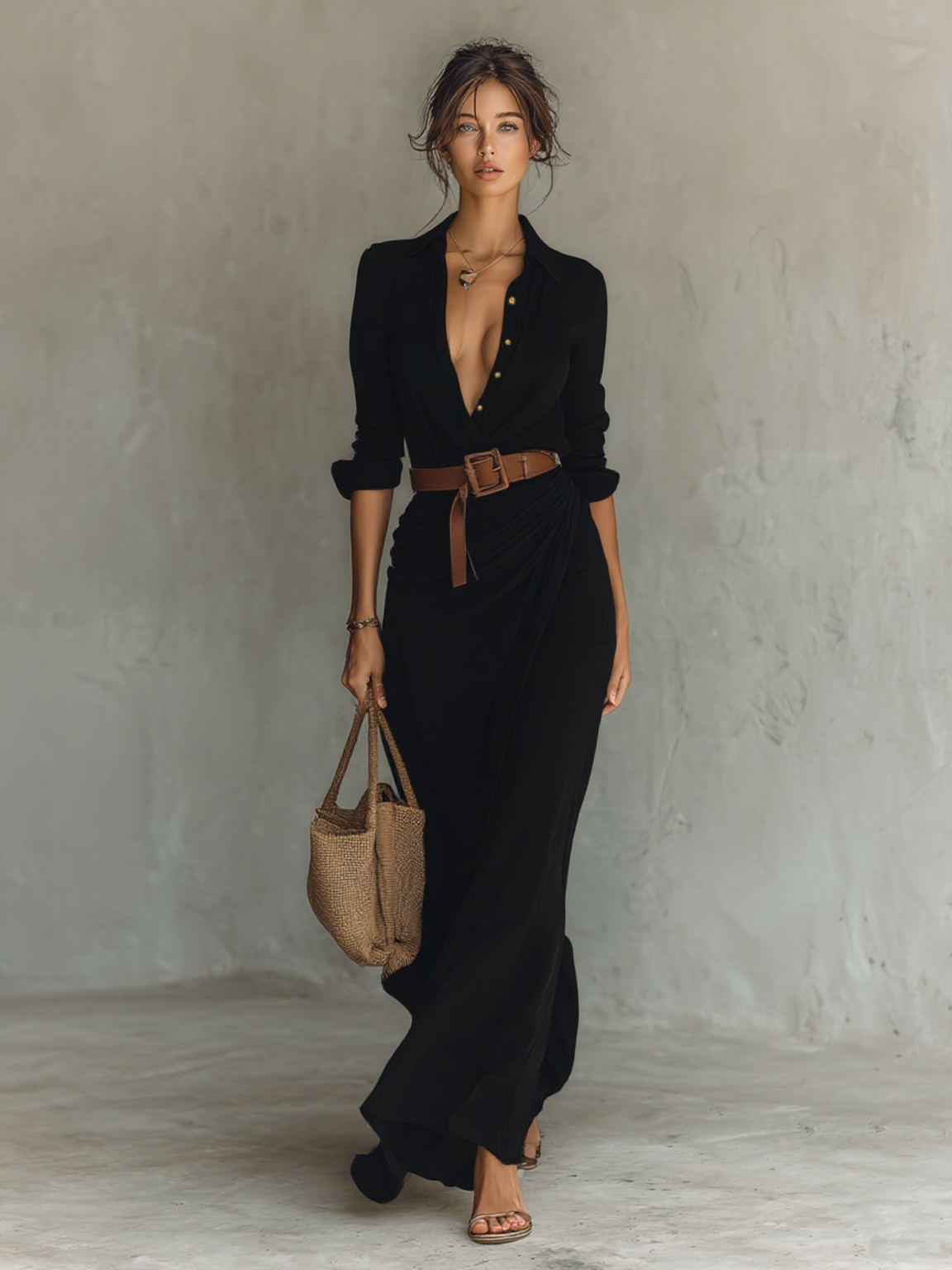 Abito Maxi Lungo con Collo a Revers Cintura inclusa