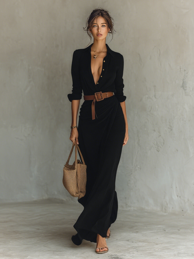 Abito Maxi Lungo con Collo a Revers Cintura inclusa