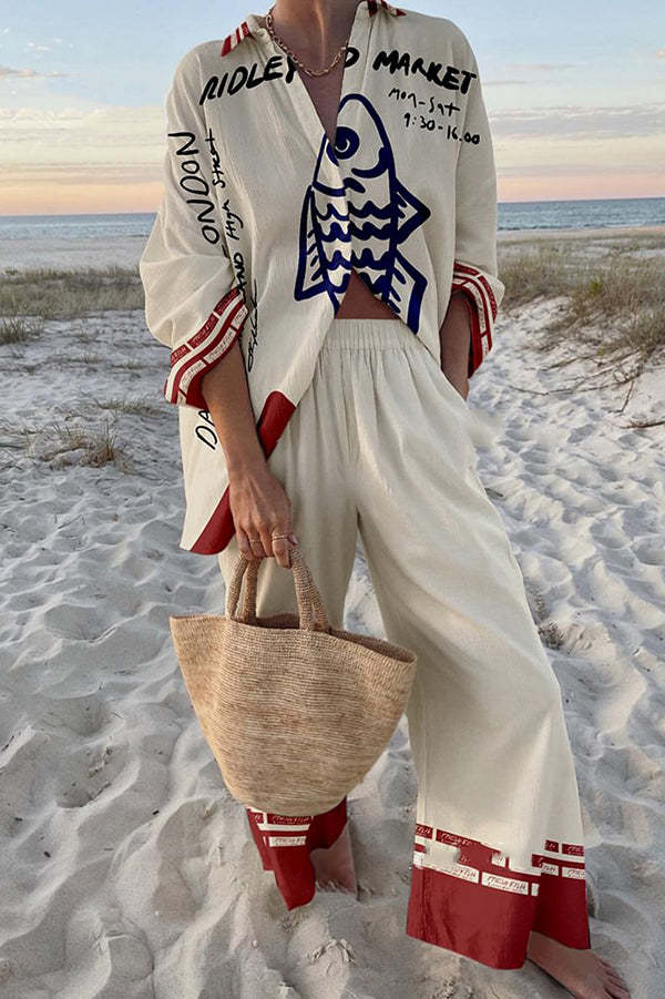 Fiorella™ | Abito corto in lino con stampa pesce azzurro