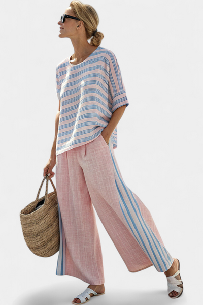 Liora | Set lino bambù rosa pastello con righe azzurre
