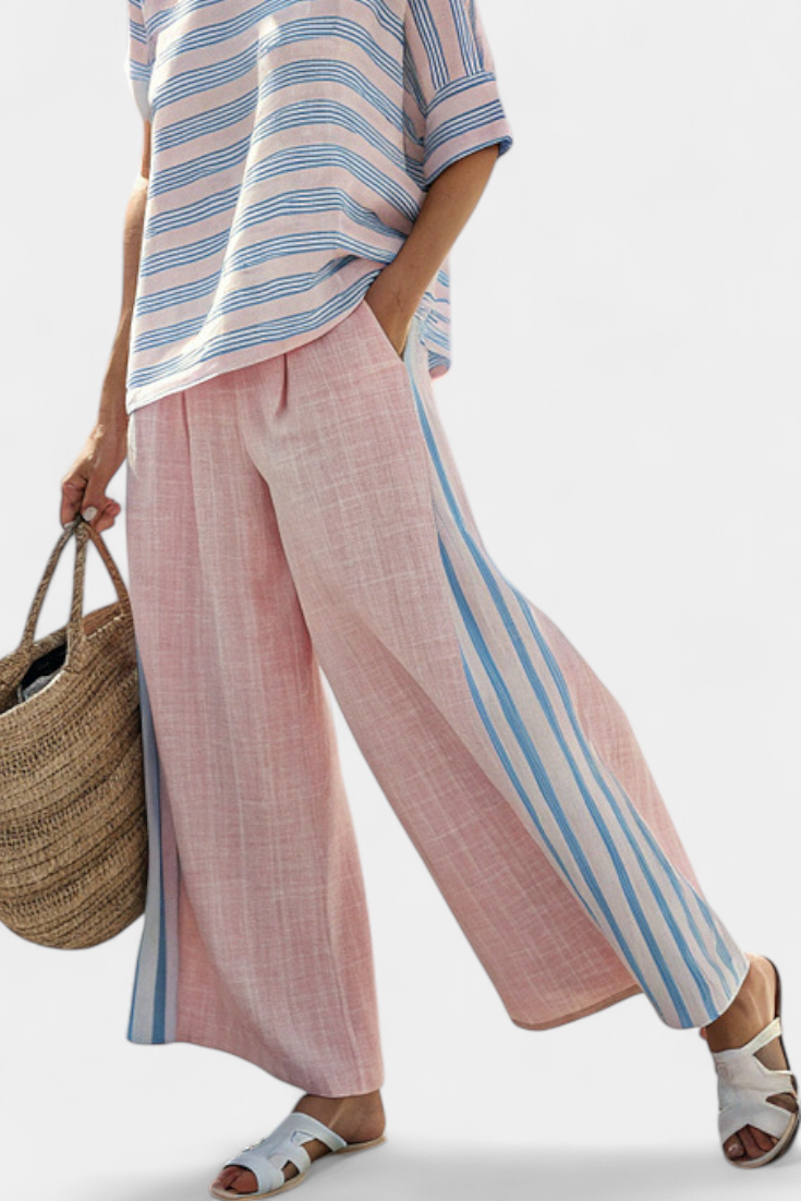 Liora | Set lino bambù rosa pastello con righe azzurre
