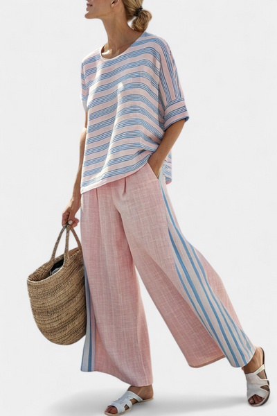 Liora | Set lino bambù rosa pastello con righe azzurre