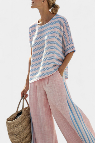 Liora | Set lino bambù rosa pastello con righe azzurre