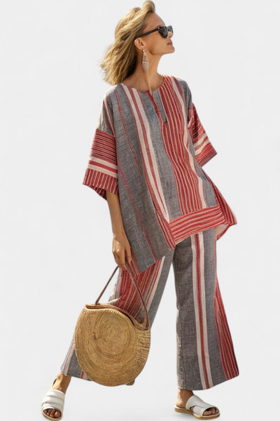 Livia | Completo oversize in lino a righe rosse e grigie
