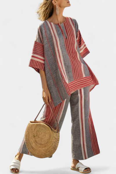 Livia | Completo oversize in lino a righe rosse e grigie