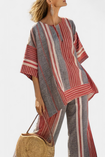 Livia | Completo oversize in lino a righe rosse e grigie