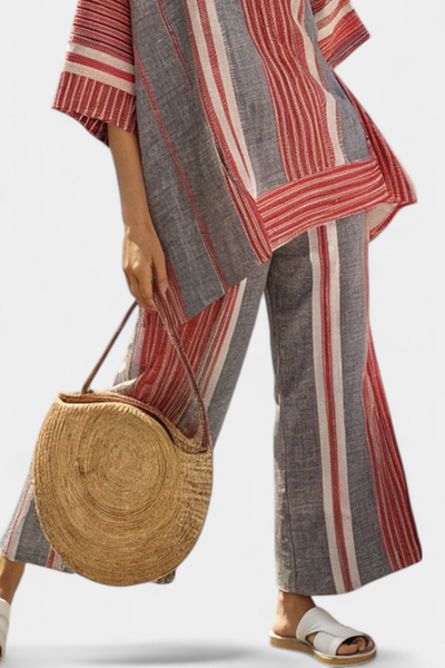 Livia | Completo oversize in lino a righe rosse e grigie