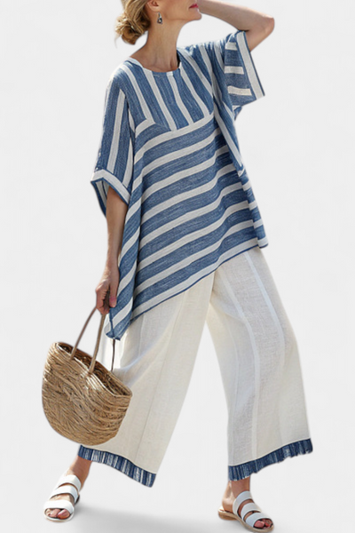 Marina | Set lino Mediterraneo con strisce blu e pantaloni rifiniti