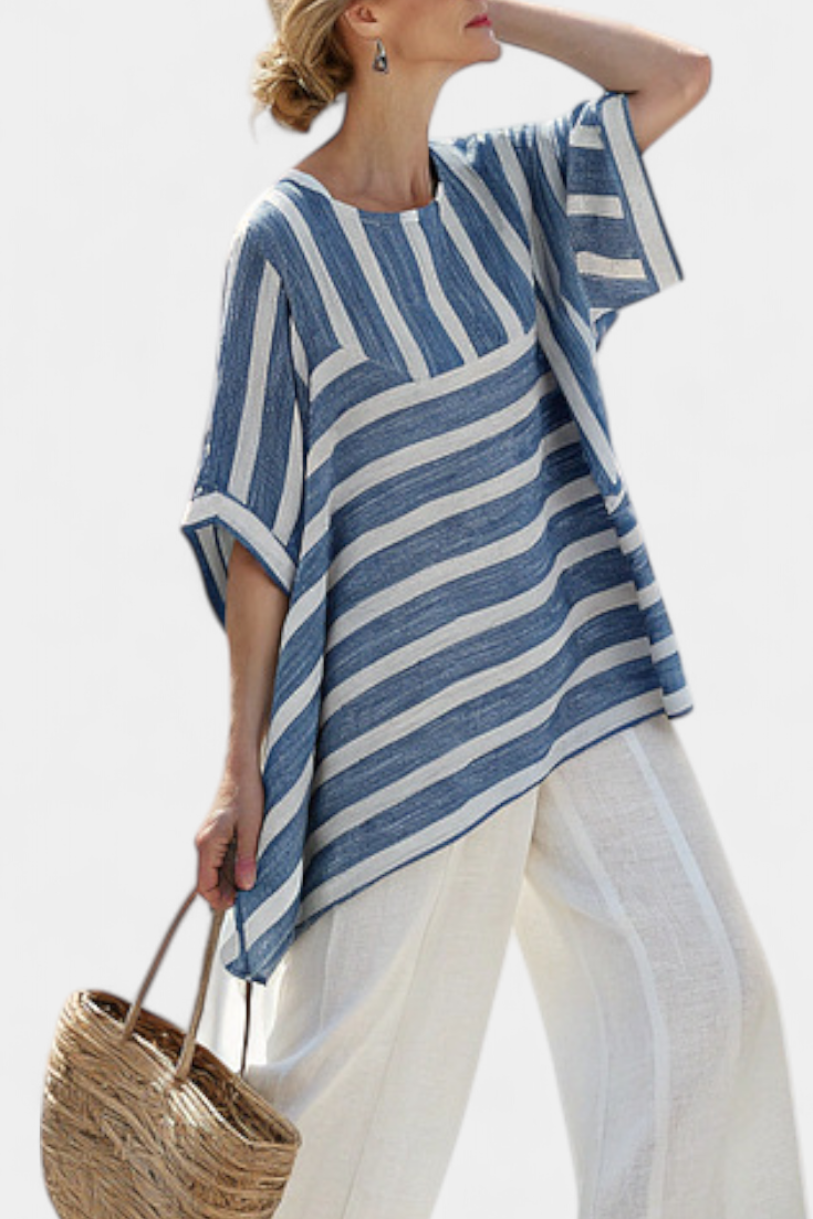 Marina | Set lino Mediterraneo con strisce blu e pantaloni rifiniti