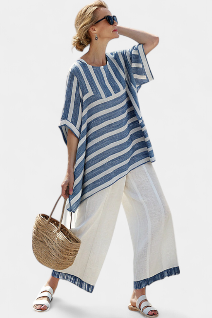 Marina | Set lino Mediterraneo con strisce blu e pantaloni rifiniti