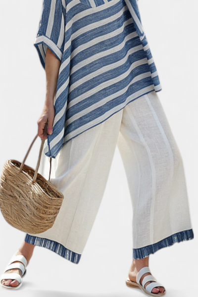 Marina | Set lino Mediterraneo con strisce blu e pantaloni rifiniti