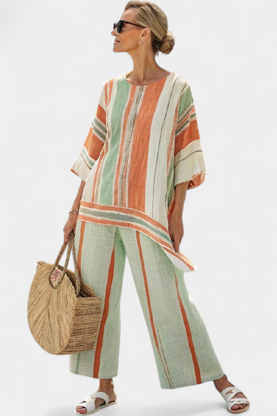 Iris | Set lino bambù a righe con camicetta asimmetrica