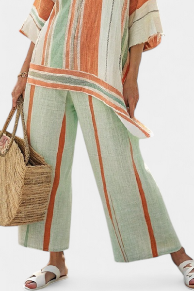 Iris | Set lino bambù a righe con camicetta asimmetrica