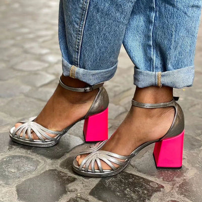 Naelle™ | Sandali Lucidi con Tacco Grosso e Fibbia Elegante