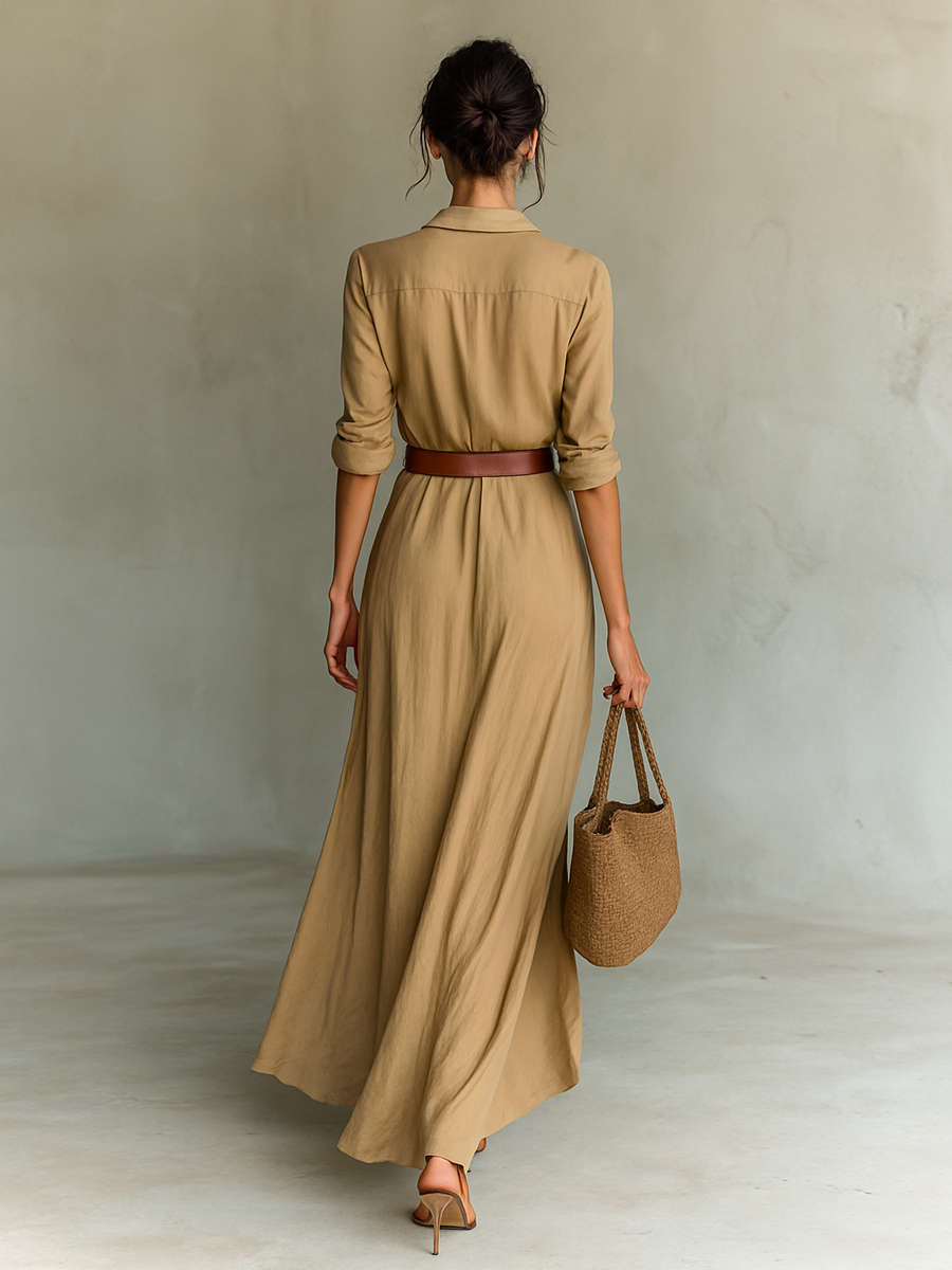 Abito Maxi Lungo con Collo a Revers Cintura inclusa