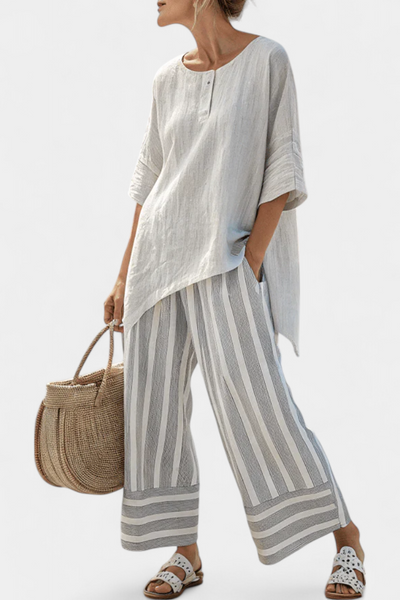 Alina | Completo blusa asimmetrica e pantaloni a righe